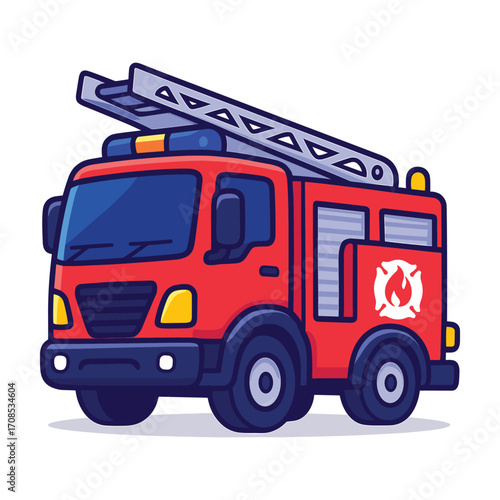 Cheerful fire truck with ladder and siren vector cartoon