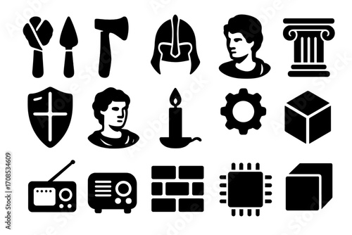 Historical Icon Evolution. Solid style icons of historical periods and eras: stone age tools, bronze age axe, iron age helmet,