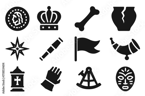 Historical Artifacts Icons. Solid style icons of historical artifacts and symbols: ancient coin, royal crown, fossil bone, broken