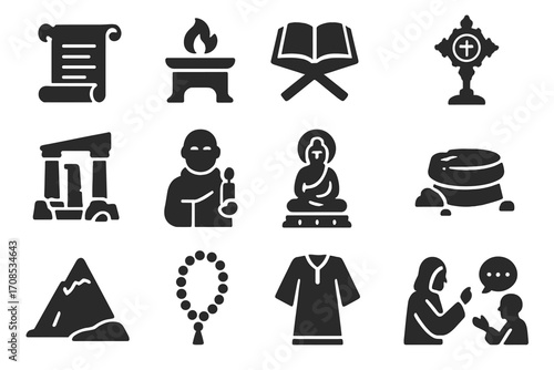 Sacred Symbols Icons. Solid style icons of history and religion: ancient scroll, sacred altar, holy book on stand, religious relic