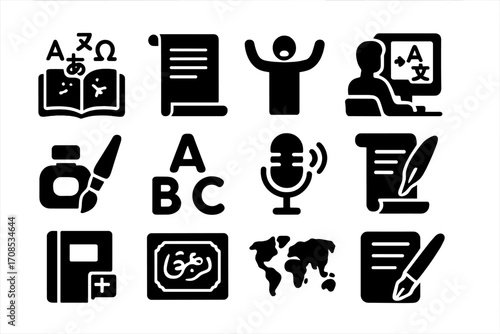Language Icons Collection. Solid style icons of language and literature: open book with symbols, ancient script scroll,
