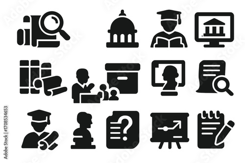Historical Education Icons. Solid style icons of historical education and research: magnifying glass on scroll, university dome,