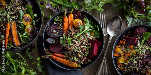 Overhead View of Quinoa Salad Bowls with Roasted Veggies