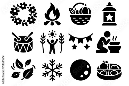 Seasonal Traditions Icons. Solid style icons of seasonal traditions: spring flower crown, summer bonfire, autumn harvest basket,