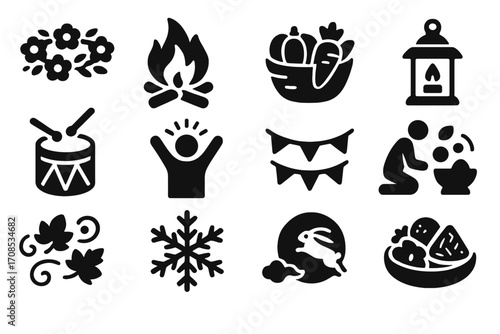 Seasonal Traditions Icons. Solid style icons of seasonal traditions: spring flower crown, summer bonfire, autumn harvest basket,