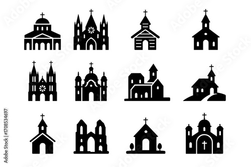 Christian Church Icons. Solid style icons of Christian churches: basilica, cathedral, wooden chapel, country church, gothic