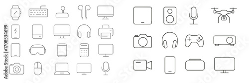 Diverse collection of modern tech gadgets and accessories displayed in simple line art style