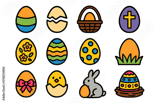 Festive Easter Icons. Solid style icons of Easter eggs and decorations: colorful egg, cracked egg, egg in basket, egg with cross,