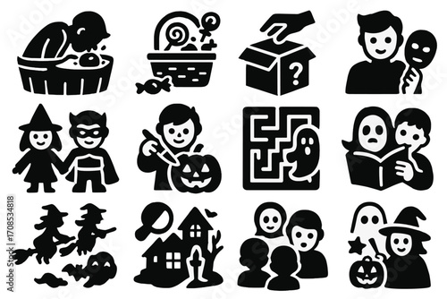 Halloween Game Icons. Solid style icons of Halloween game activities: apple bobbing, candy hunt, mystery box, costume contest,