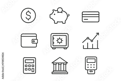 Financial symbols and concepts represented through simple line icons in a modern style