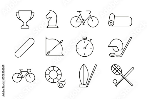 Sports and recreation icons illustrating various athletic activities and games in a simple line design