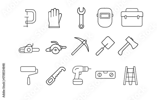 Collection of essential tools and equipment for construction and repair work in a minimalistic style