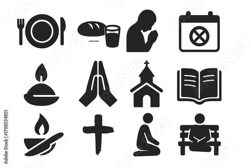 Christian Fasting Icons. Solid style icons of Christian fasting days: empty plate, bread and water, praying person, fasting