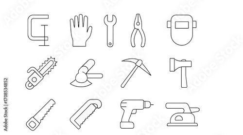 Tools for construction and repair in a simple vector style displaying various hand and power tools