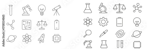 Science and Technology Icons representing various fields of study and innovation in a simple line art style