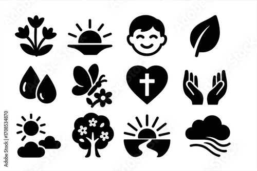 Easter Icons of Renewal. Solid style icons of Easter joy and renewal: blooming flowers, sunrise light, child smiling, new leaf,