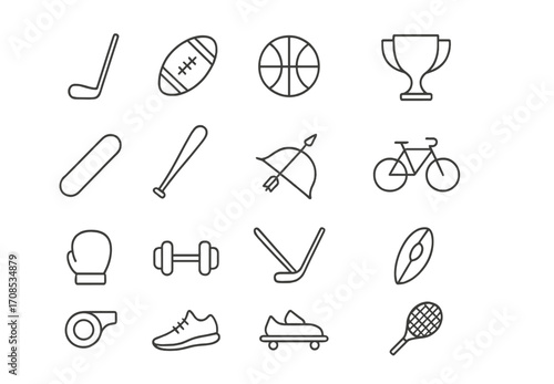 Collection of sports icons featuring various equipment and symbols for athletic activities
