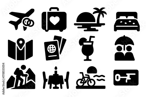 Honeymoon Travel Icons. Solid style icons of honeymoon and travel: airplane with rings, suitcase with heart, beach sunset, hotel