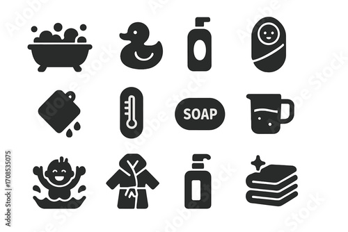 Baby Bath Time Icons. Solid style icons of baby bath time: bathtub with bubbles, rubber duck, baby shampoo, towel wrap, washcloth,