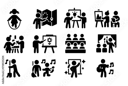 School Activities Icons. Solid style icons of school activities: recess jump rope, field trip map, science fair, classroom