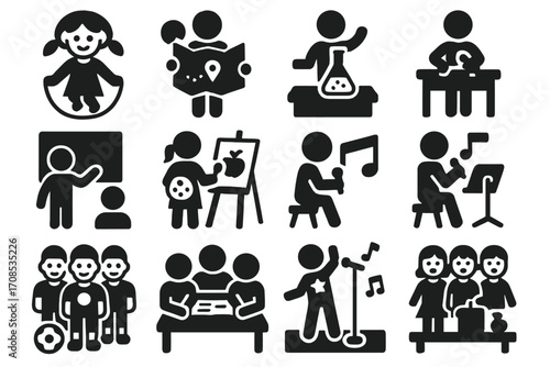 School Activities Icons. Solid style icons of school activities: recess jump rope, field trip map, science fair, classroom