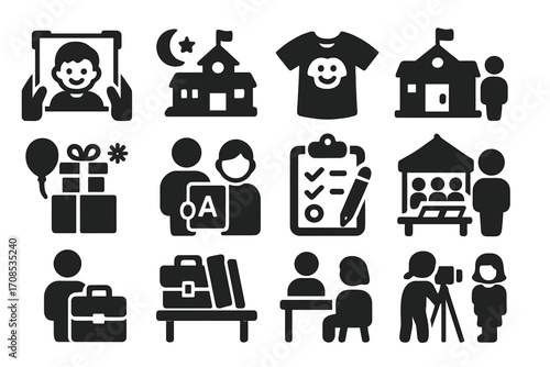 School Event Icons. Solid style icons of school events and calendar: first day photo, back to school night, spirit week, open