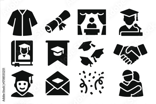 Graduation Celebration Icons. Solid style icons of graduation and transition: cap and gown, diploma scroll, stage with curtain,