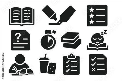 Test Prep Icons. Solid style icons of test preparation: open book with notes, highlighter mark, practice exam, checklist with