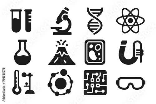 Science Learning Icons. Solid style icons of science learning: test tube and beaker, microscope, DNA strand, atom symbol,