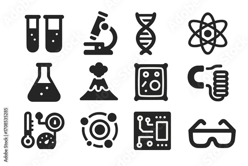 Science Learning Icons. Solid style icons of science learning: test tube and beaker, microscope, DNA strand, atom symbol,
