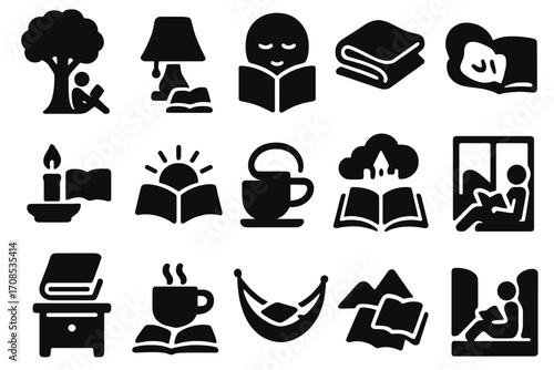 Icons of Quiet Reading. Solid style icons of quiet reading moments: person under tree reading, evening lamp and book, peaceful