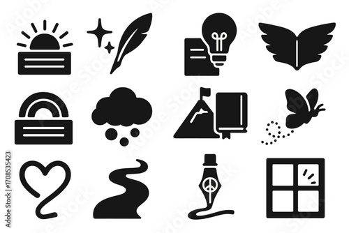 Inspirational Writing Icons. Solid style icons of inspirational writing symbols: rising sun with text, spark and quill, lightbulb