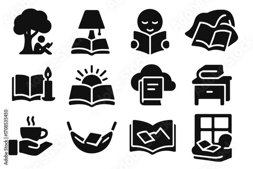 Icons of Quiet Reading. Solid style icons of quiet reading moments: person under tree reading, evening lamp and book, peaceful