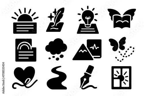 Inspirational Writing Icons. Solid style icons of inspirational writing symbols: rising sun with text, spark and quill, lightbulb