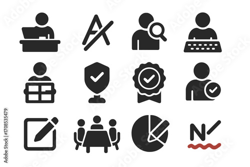 Editorial Role Icons. Solid style icons of editorial roles: editor at desk, copyeditor mark icon, proofreader with magnifier,