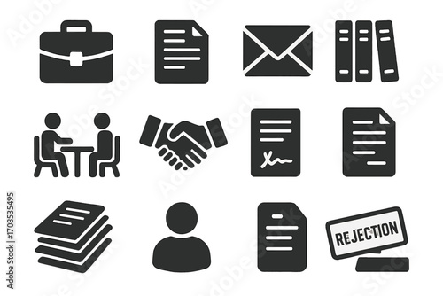 Literary Submission Icons. Solid style icons of literary agents and submissions: agent briefcase, query letter, manuscript