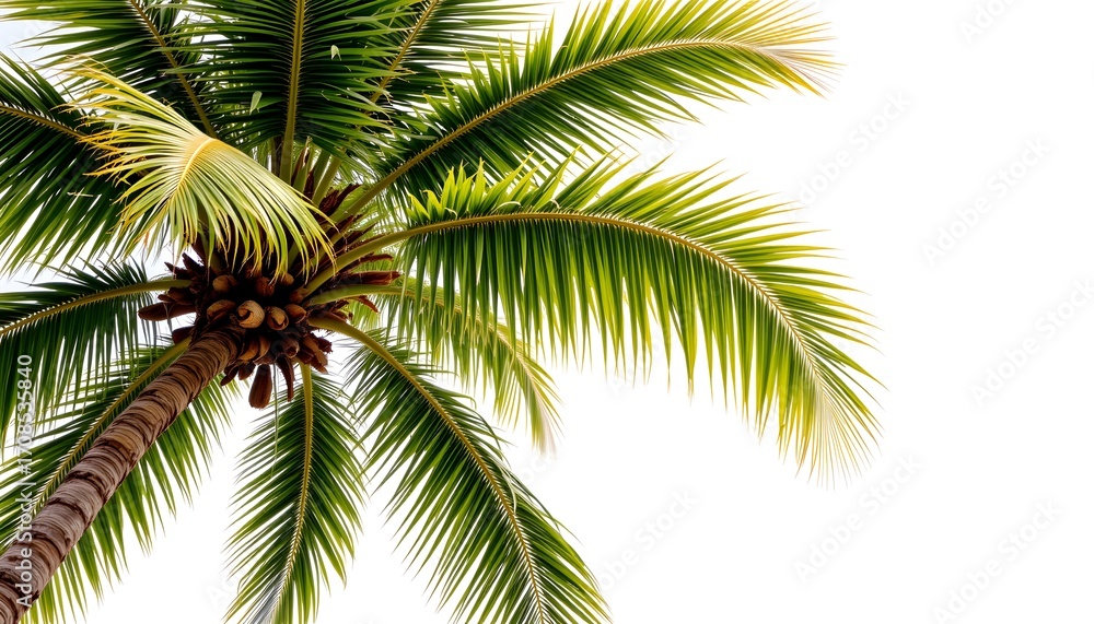 Obraz premium Coconut tree with green leaf pattern, isolated on left, ample blank space on right for copy, clear subject positioning for photo.