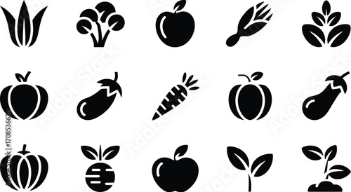 Collection of simple black icons representing healthy fresh vegetables and fruits