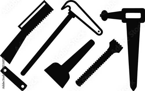 Carpenter tools vector icons saw chisel wood plank set scalable eps illustration