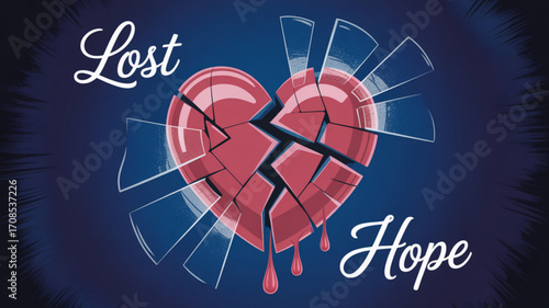 Broken heart illustration for heartbreak and loss concept with shattered pieces and blood drops design art
