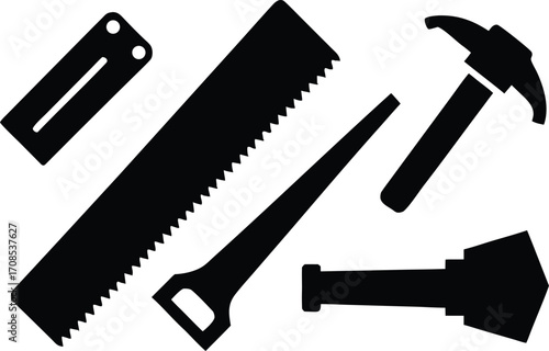 Set of carpenter tools vector icons saw chisel wood plank scalable eps illustration