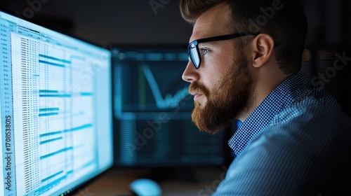Young entrepreneur looking confidently at a spreadsheet on a computer, modern workspace, determined 