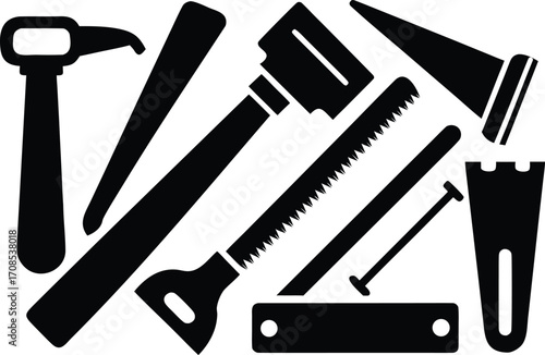 Collection of carpenter tools icons saw chisel wood plank vector illustration eps