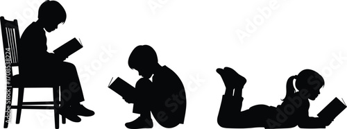 Black and white silhouettes of three children reading books in different positions, education and learning concept vector illustration for school and library