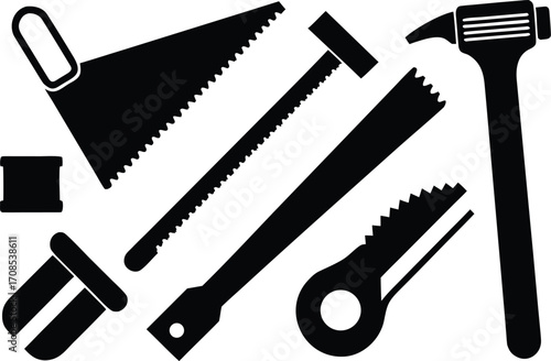 Set of carpenter icons saw chisel wood plank tools for construction and diy projects