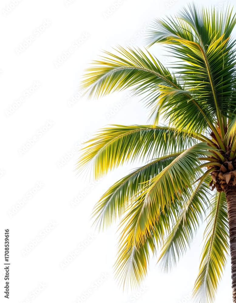 Naklejka premium Tropical twin coconut palms swaying gracefully on the right, with ample ivory toned copy space on the left, transparent vista background, evoking serenity.