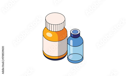 Isometric illustration of pharmaceutical medication bottles for healthcare concepts