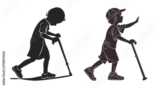 Print Emotional black silhouette of a child walking with a crutch