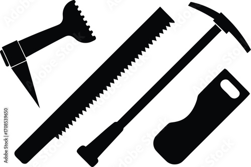 Carpenter tools vector icons set saw chisel wood plank industrial equipment scalable eps