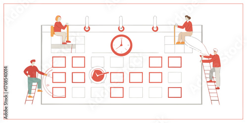 People working on a large calendar with a clock and important dates marked